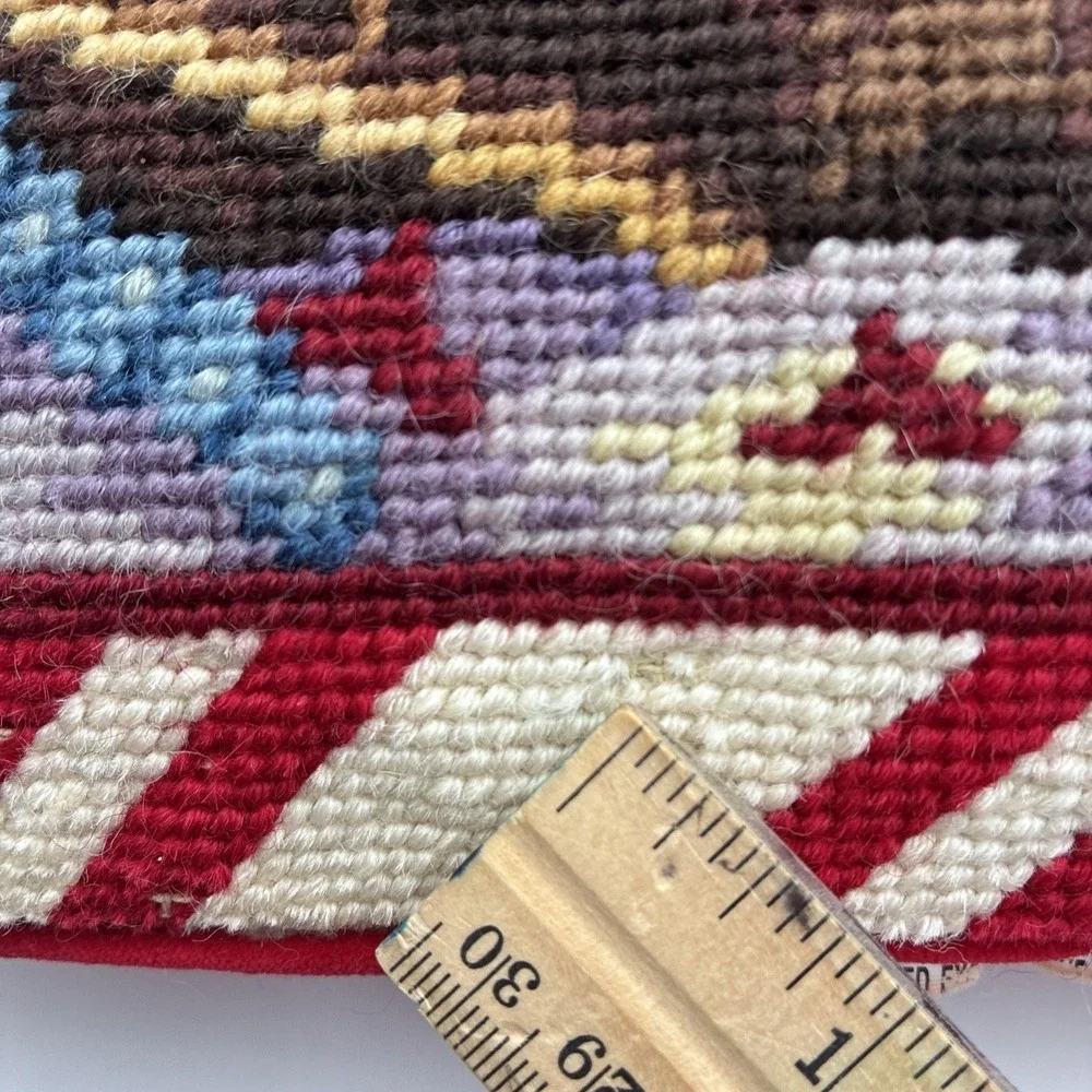 Vintage Christmas Needlepoint Pillow Golden Retriever Puppy in Boot Red Velvet